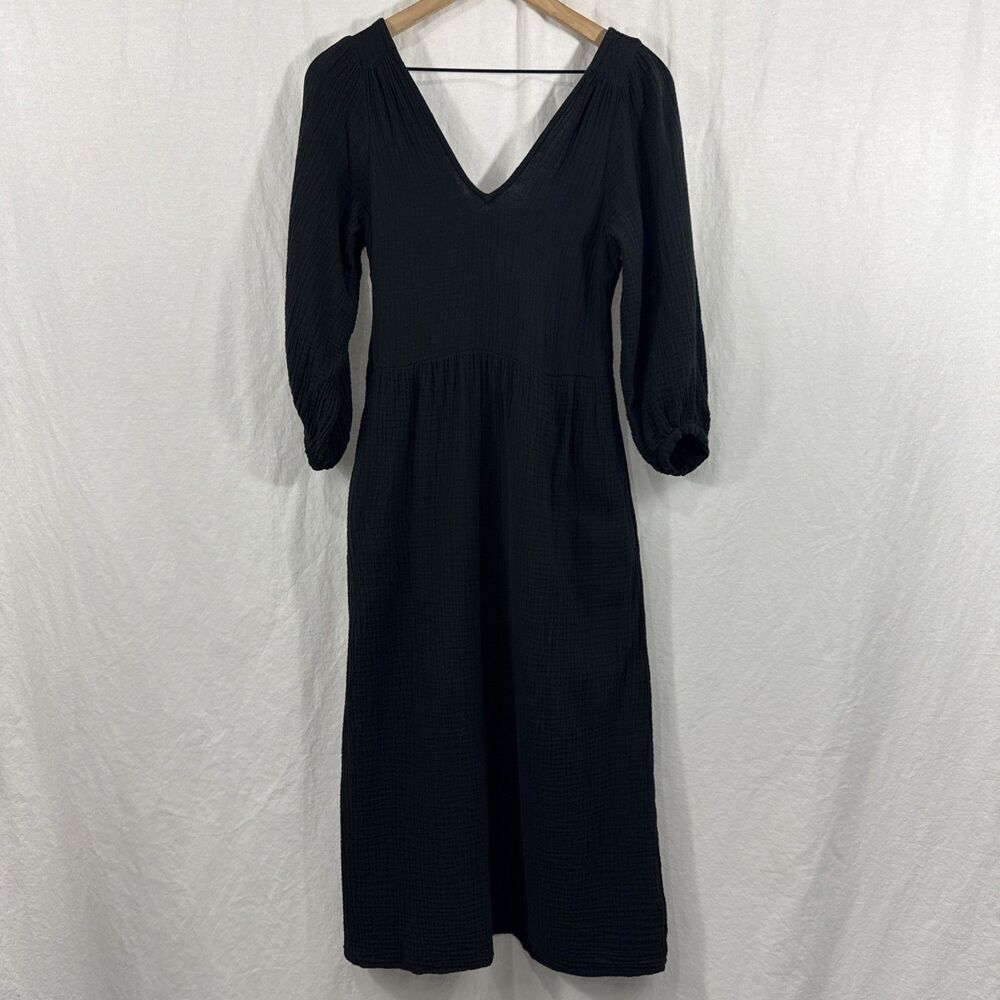 Madewell Lightspun Vneck Black Gauze Cotton Midi Dress Womens Sz XXS Boho